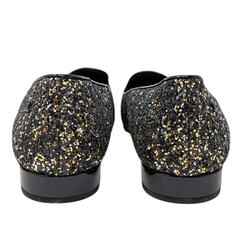 Chanel Loafer CC Logo Glitter Cap Toe Patent Mocassin Flat Black Gold 39 | 8.5
